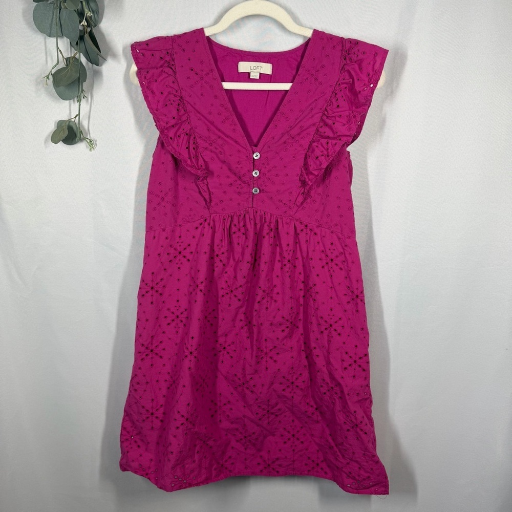 LOFT | Eyelet Flutter Sleeve Dress Magenta Pink Purple Mini Women's Size XS - Picture 3 of 11